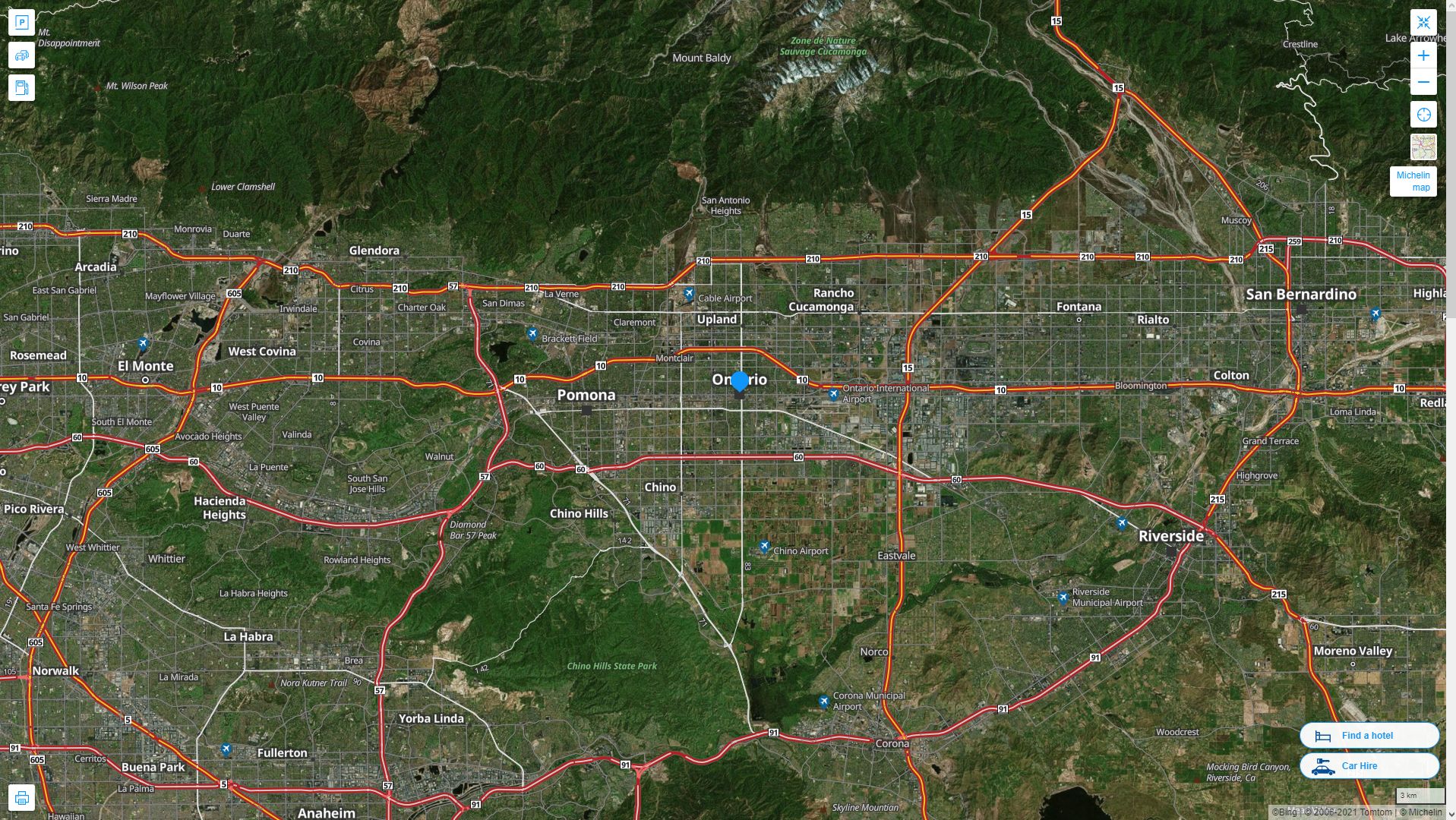 Ontario California Highway and Road Map with Satellite View